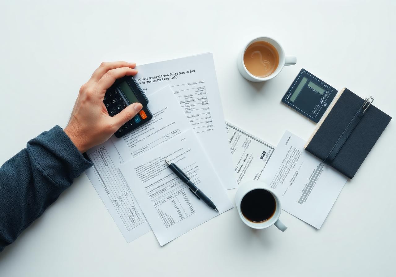 Organizing financial paperwork on a clean desk
