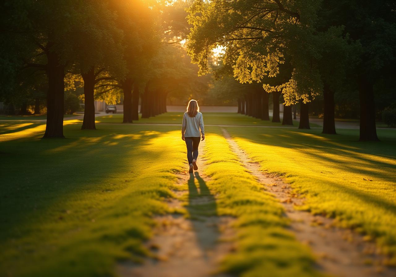 Person walking on a sunlit park path