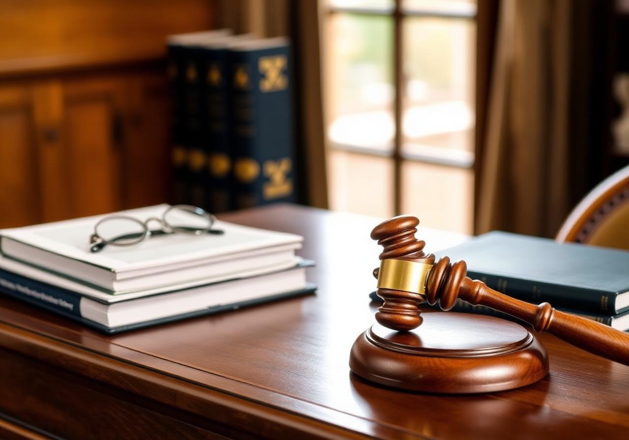 A judge's gavel resting on a polished desk next to legal books